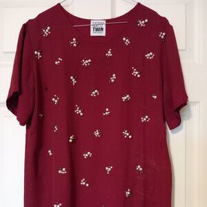 My Twin Twinset Burgundy Pearl & Crystal Embellished Tee | Italian Designer